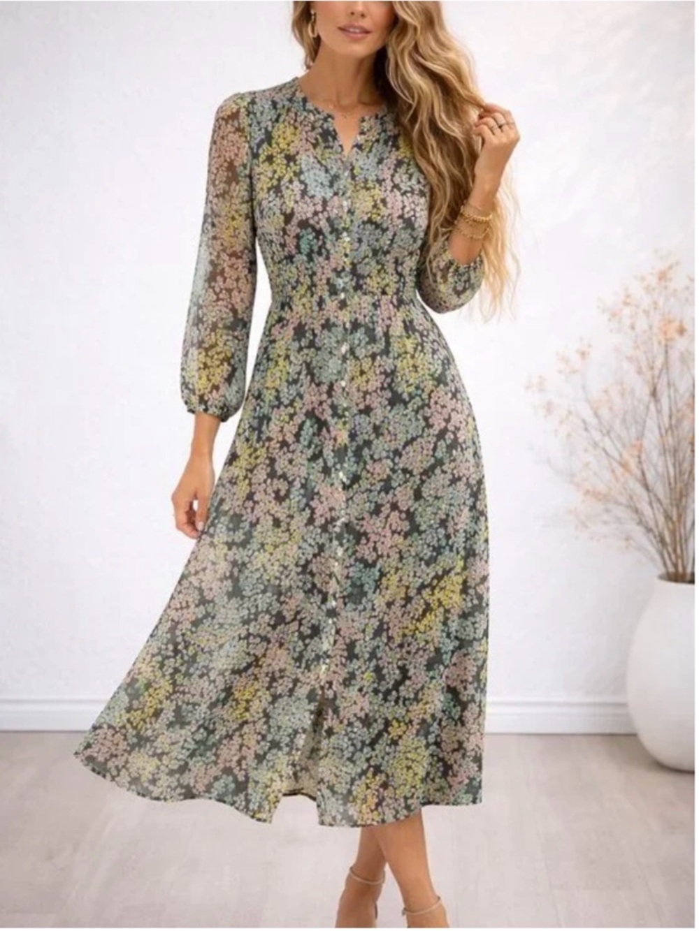 LOFT Pastel Multi Floral Long-Sleeve Midi Dress SZ 4